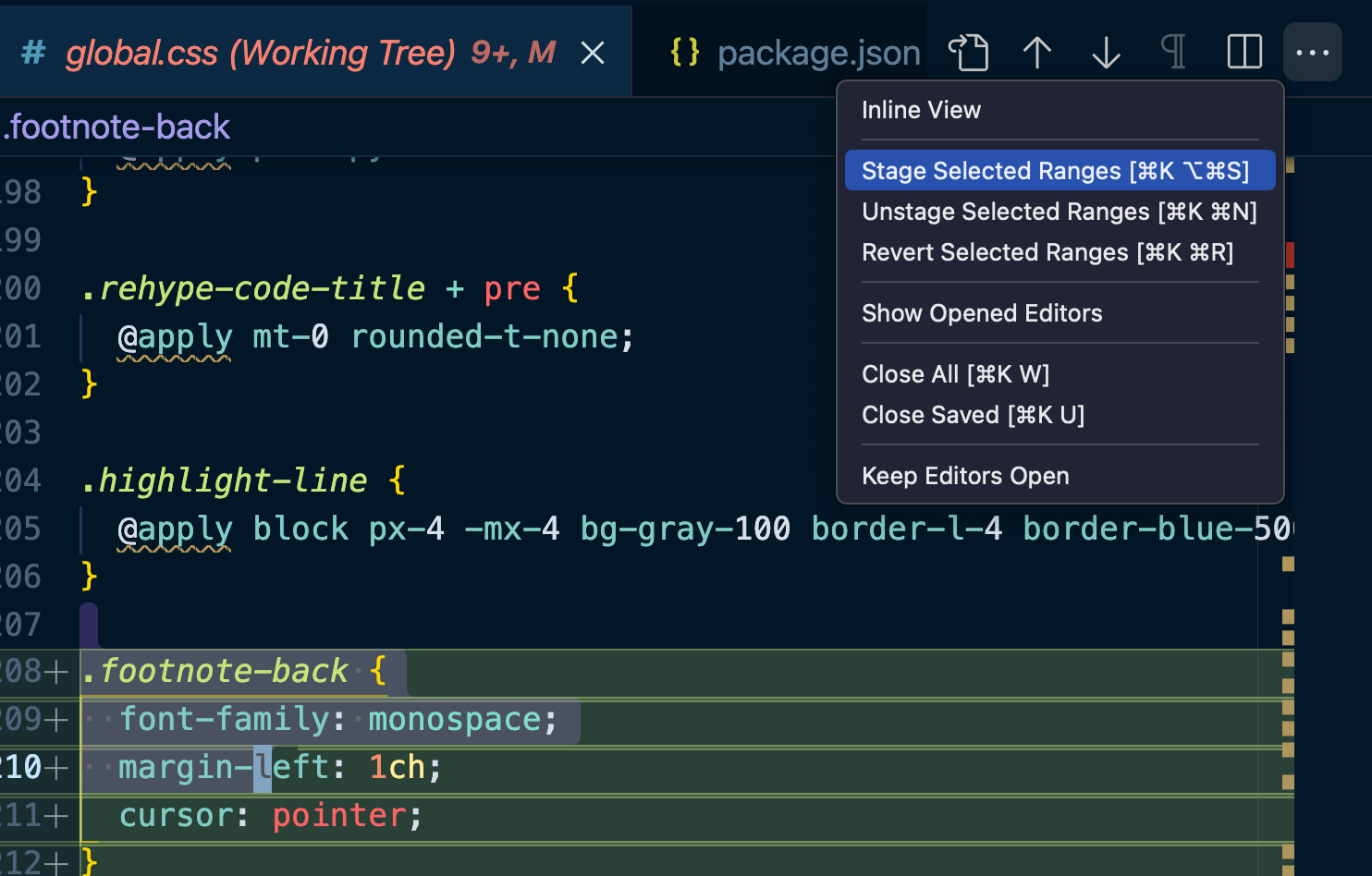 stage selected ranges in vs code